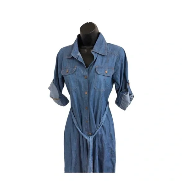 Blue denim fabric button front boho look belted dress size small brand new - Picture 14 of 16